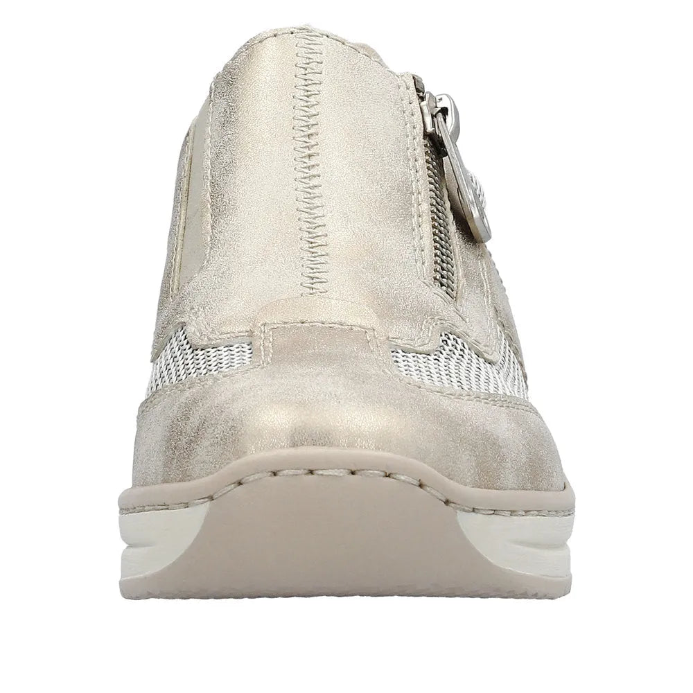 Taupe metallic side zip shoes with textured upper, stitching details, and a comfortable sole for women.