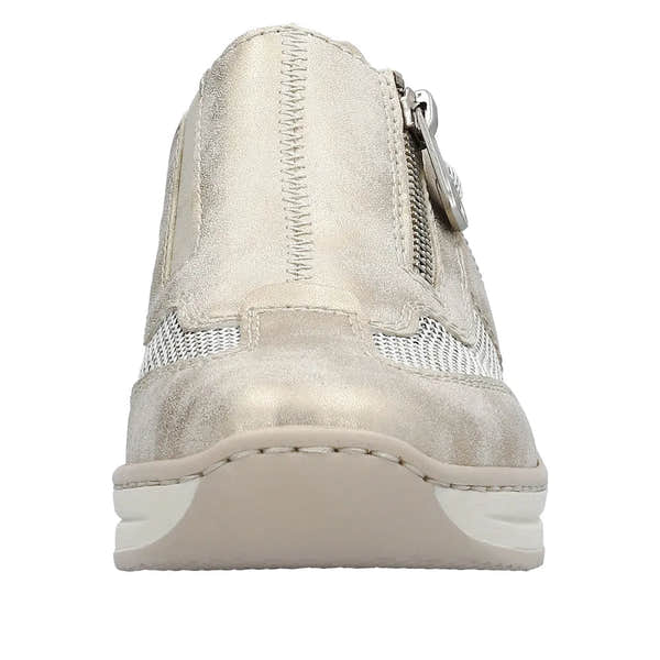 Taupe metallic side zip shoes with textured upper, stitching details, and a comfortable sole for women.