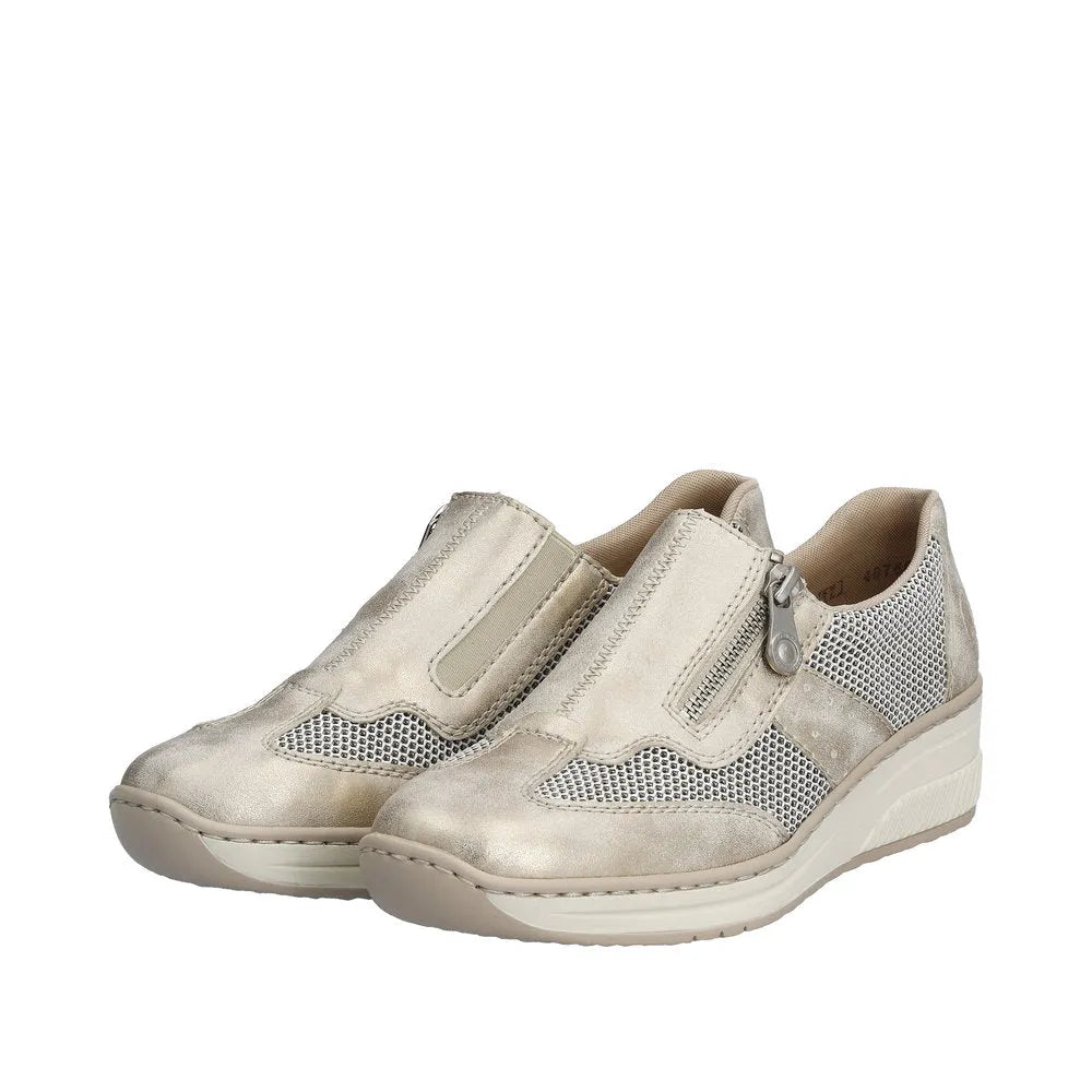 Taupe metallic slip-on shoes with a side zip, featuring mesh detailing and a comfortable wedge sole.