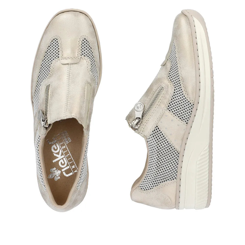 Taupe metallic slip-on shoes with mesh detailing and side zipper, featuring a comfortable white sole. Stylish and versatile.