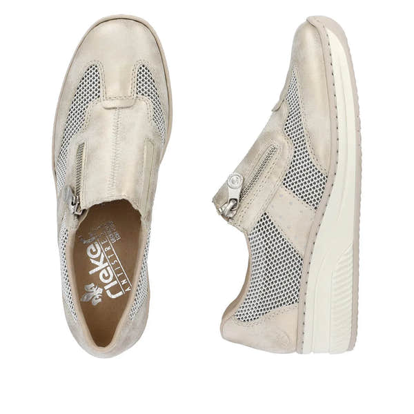 Taupe metallic slip-on shoes with mesh detailing and side zipper, featuring a comfortable white sole. Stylish and versatile.