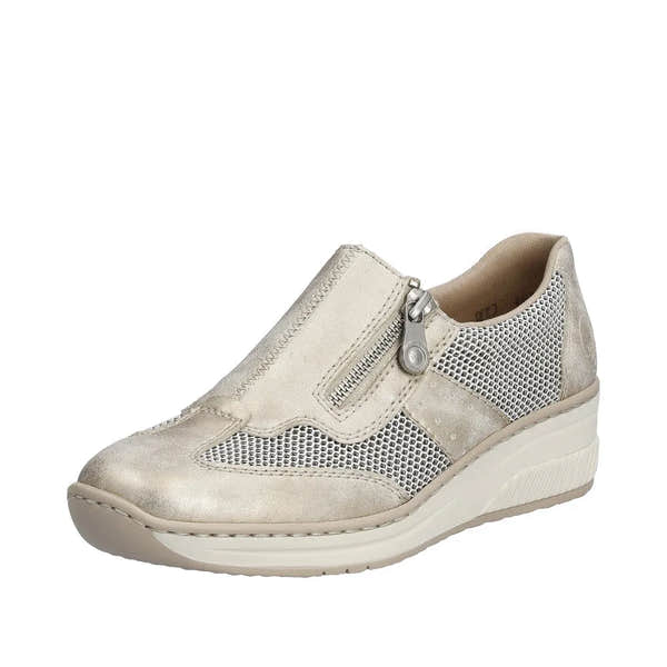 Taupe metallic slip-on shoes with side zip, mesh panels, and cushioned sole for comfort and style.