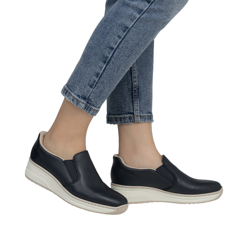 Rieker 48761-14 Ladies Pacific Leather Slip-On Shoes, black, cushioned sole, casual slip-on design, comfortable footwear for women.