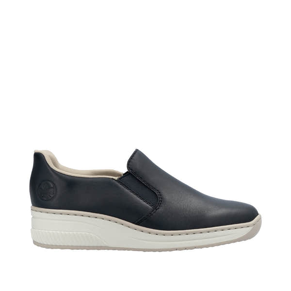 Rieker 48761-14 Ladies Pacific Leather Slip-On Shoes, black with cushioned beige lining and white rubber sole.