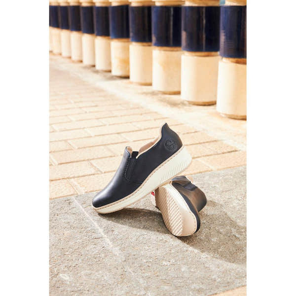 Rieker 48761-14 Ladies Pacific Leather Slip-On Shoes, black with white sole, casual comfort footwear for women.
