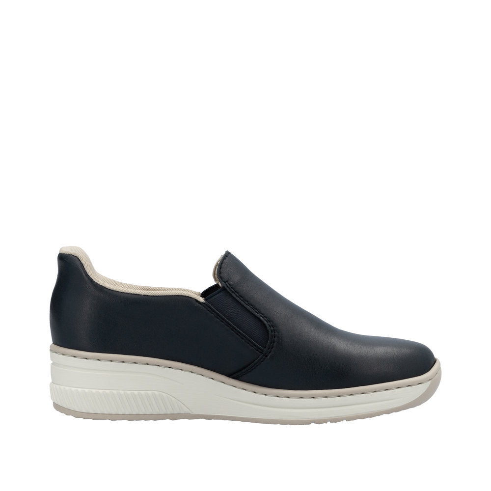 Rieker 48761-14 women's black leather slip-on shoes with comfortable white sole and beige trim.
