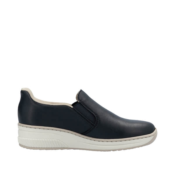 Rieker 48761-14 women's black leather slip-on shoes with comfortable white sole and beige trim.