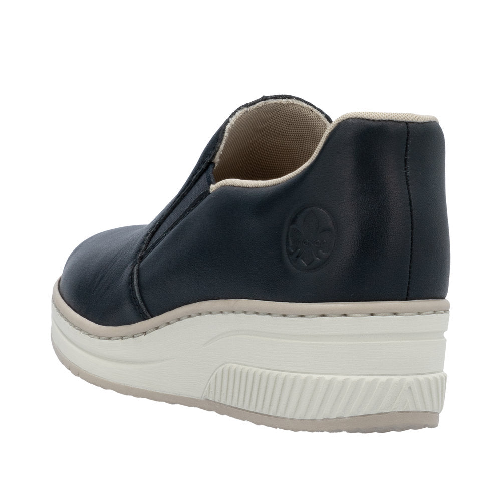 Rieker 48761-14 women's navy leather slip-on shoes with white chunky sole, casual comfortable footwear.