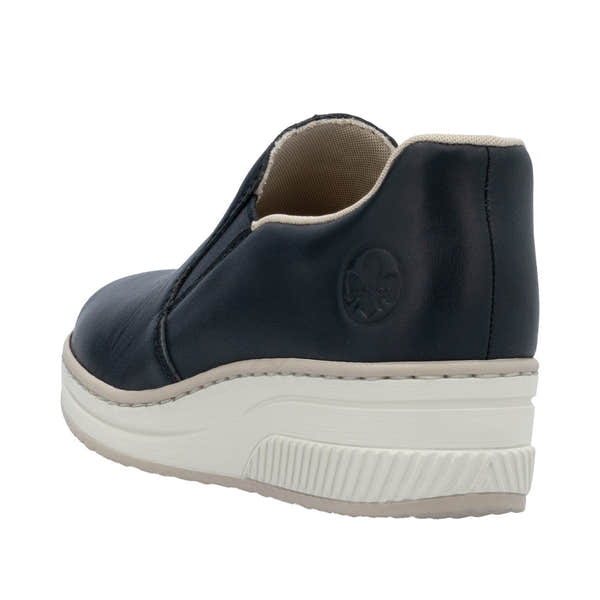 Rieker 48761-14 women's navy leather slip-on shoes with white chunky sole, casual comfortable footwear.