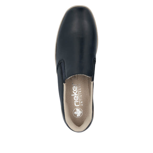 Rieker 48761-14 women's Pacific leather slip-on shoes with a sleek navy design, cushioned beige interior, and slip-on style.
