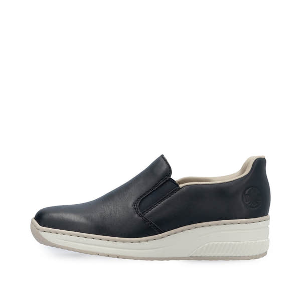 Rieker 48761-14 women's black leather slip-on shoes with white sole and cushioned interior, casual comfort footwear.
