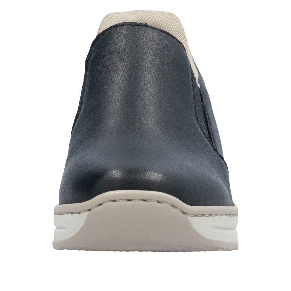 Rieker 48761-14 Ladies Pacific Leather Slip-On Shoes, navy blue with white sole, comfortable casual footwear for women.