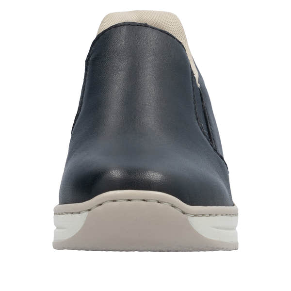 Rieker 48761-14 Ladies Pacific Leather Slip-On Shoes, navy blue with white sole, comfortable casual footwear for women.