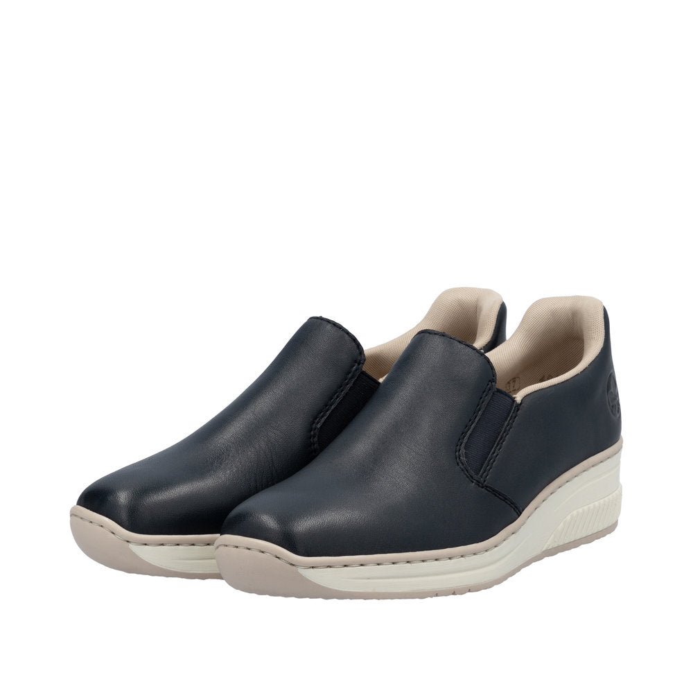 Rieker 48761-14 women's slip-on shoes, navy leather with beige interior, cushioned sole, casual comfortable footwear.