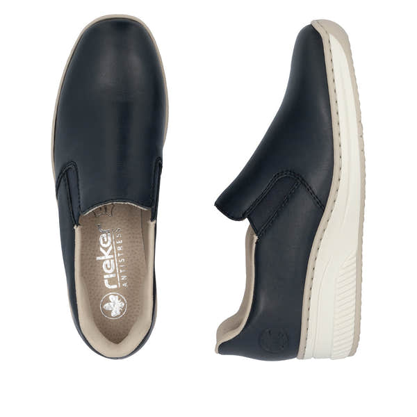 Rieker 48761-14 women's navy leather slip-on shoes with cushioned beige insole and white rubber sole.