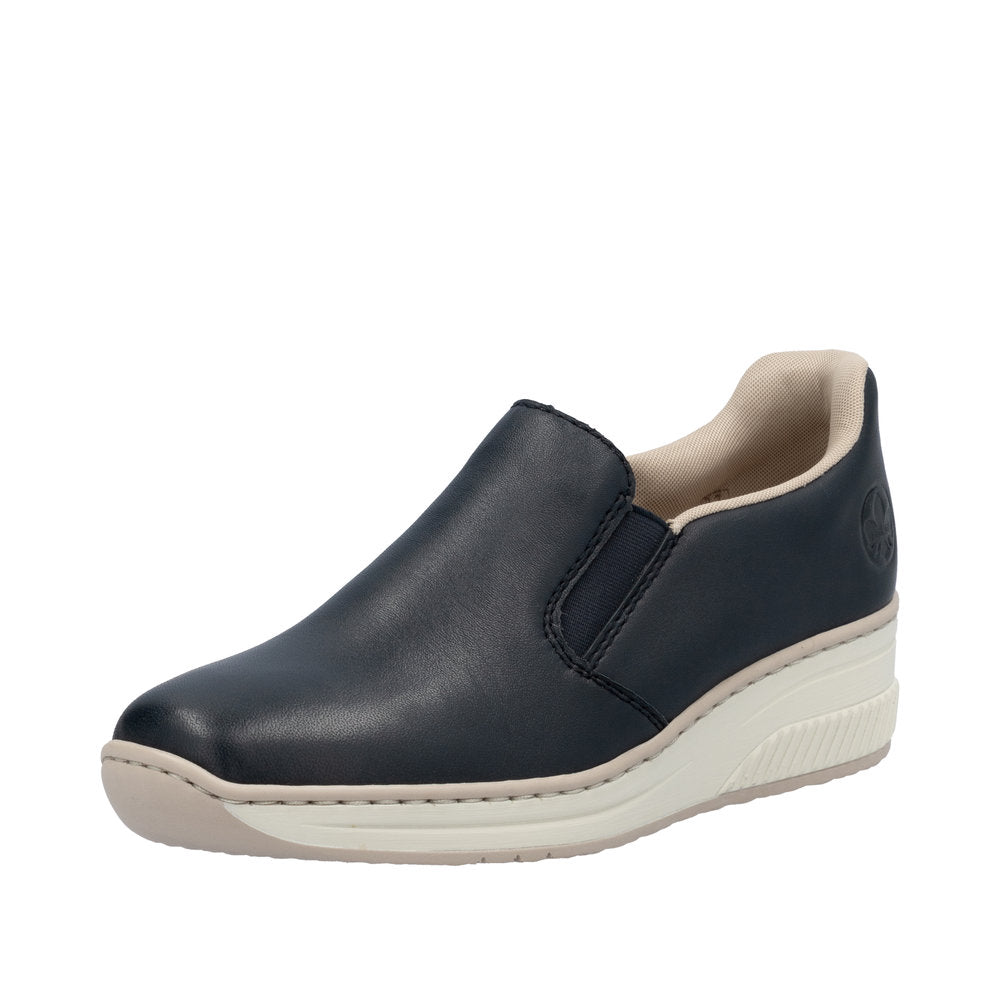 Rieker 48761-14 women's black leather slip-on shoes with white wedge sole and beige inner lining.