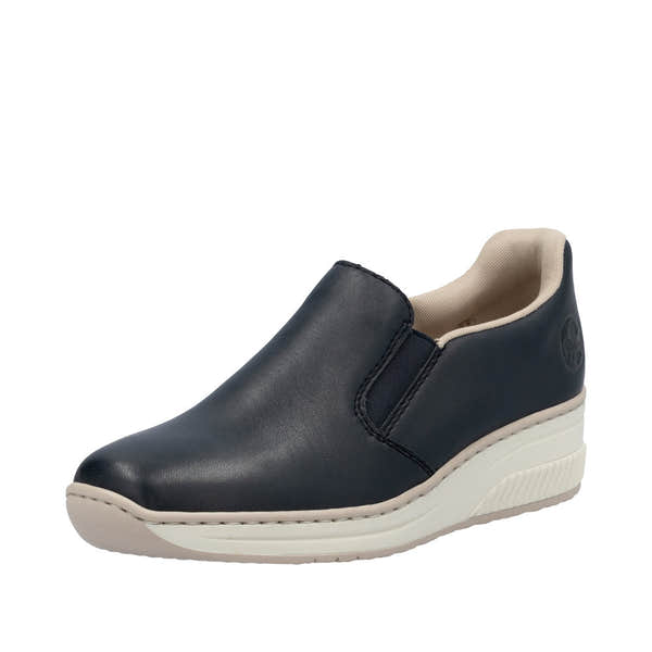 Rieker 48761-14 women's black leather slip-on shoes with white wedge sole and beige inner lining.