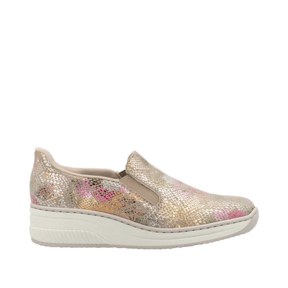 Rieker 48761-90 women's slip-on shoes with multicolor metallic snake print pattern and white comfortable sole.