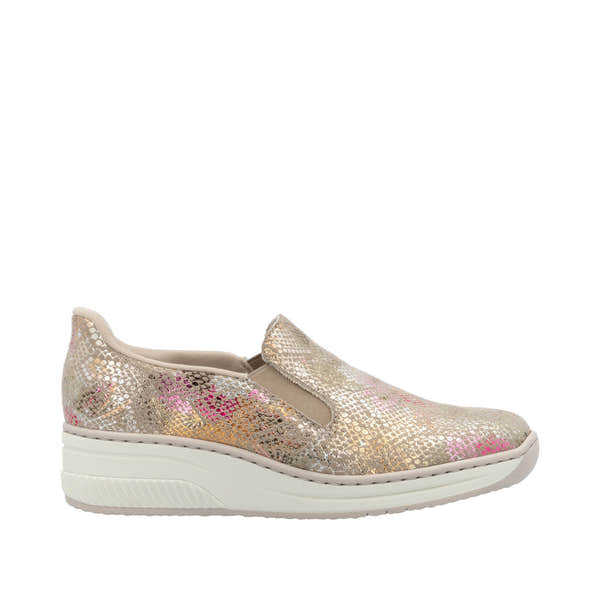 Rieker 48761-90 women's slip-on shoes with multicolor metallic snake print pattern and white comfortable sole.