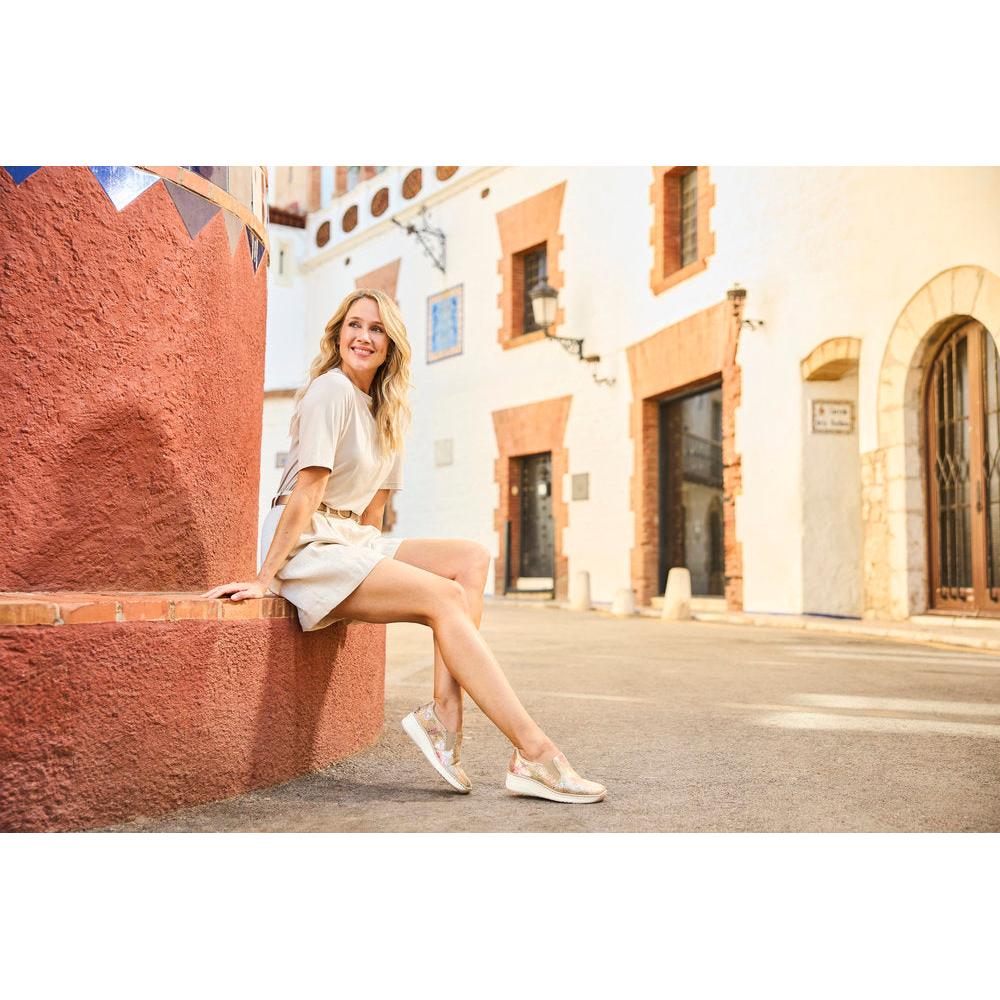 Rieker 48761-90 Ladies Multi Slip-On Shoes, stylish comfortable footwear with metallic finish for casual wear.