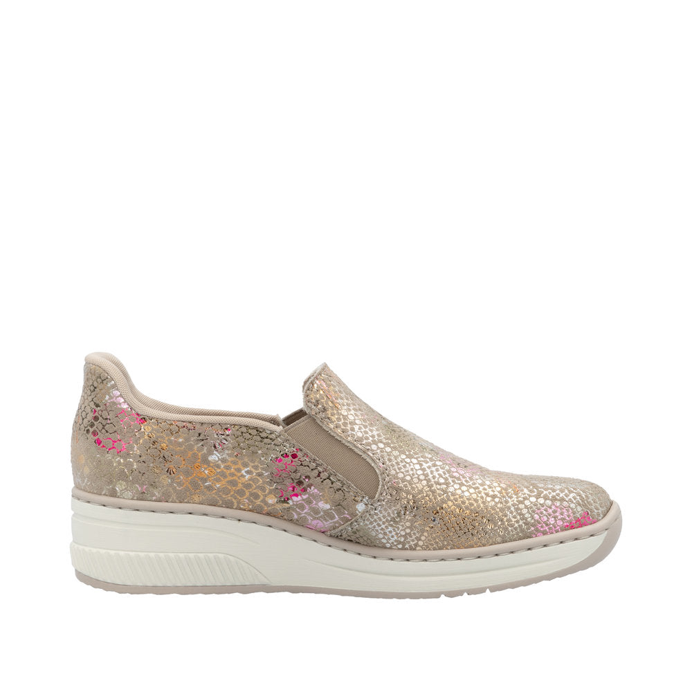 Rieker 48761-90 women's slip-on shoes with a metallic multi-color floral pattern and cushioned white sole.