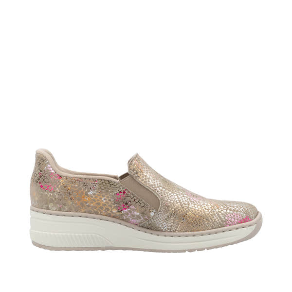 Rieker 48761-90 women's slip-on shoes with a metallic multi-color floral pattern and cushioned white sole.