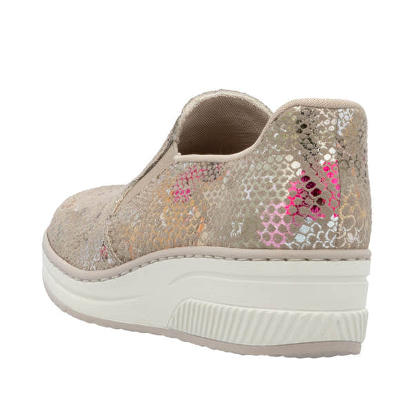 Rieker 48761-90 women's multi-colored slip-on shoes with floral pattern and thick white platform sole.