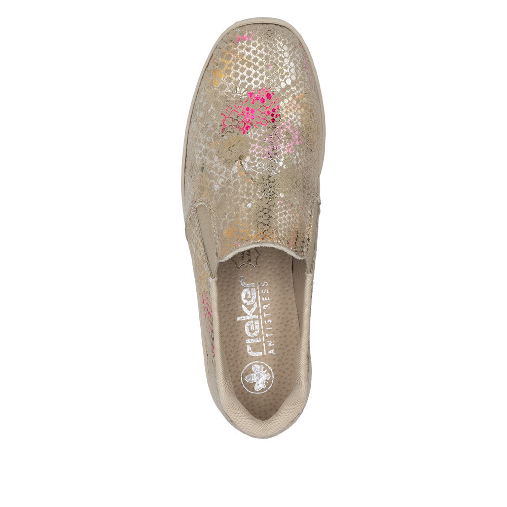 Rieker 48761-90 Ladies Multicolor Slip-On Shoes with metallic floral pattern, breathable insole, and comfortable design.
