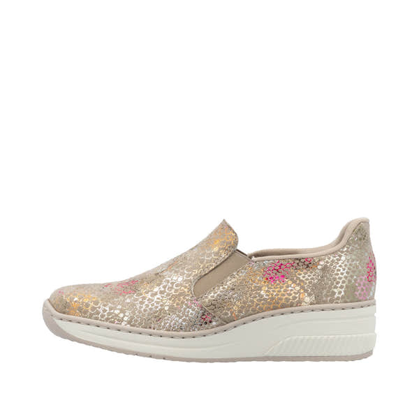 Rieker 48761-90 women's slip-on shoes with metallic floral pattern, beige and pink accents, cushioned sole, and comfortable design.