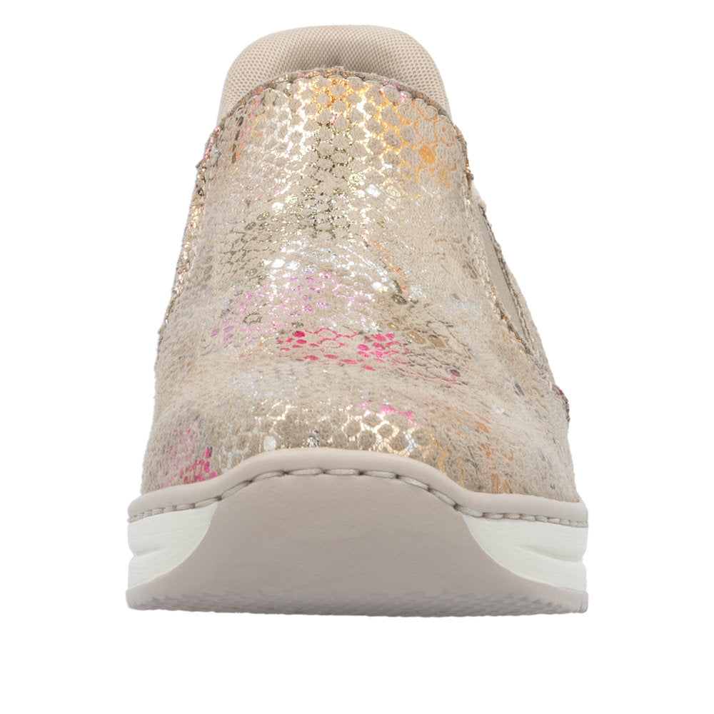 Rieker 48761-90 women's slip-on shoes with multi-colored metallic, mesh-like upper and comfortable white sole.