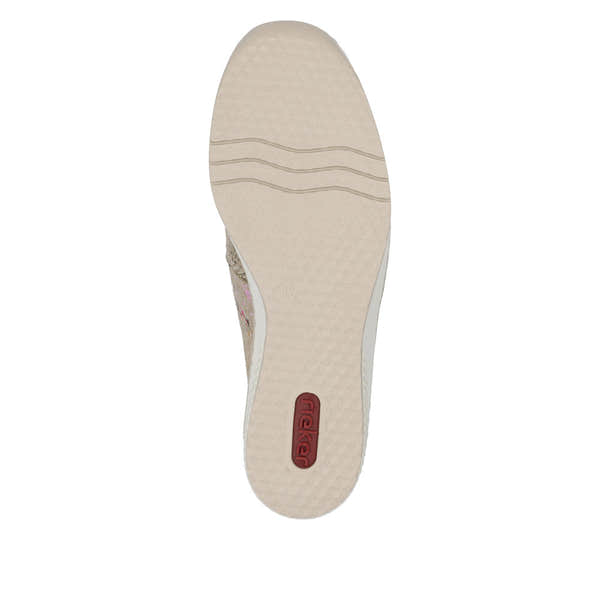 Rieker 48761-90 women's multi slip-on shoes with beige textured sole and floral upper, lightweight and comfortable for casual wear.
