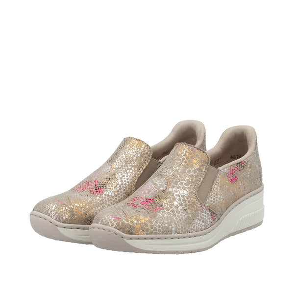 Rieker 48761-90 women's slip-on shoes with beige, metallic, and pink floral design, cushioned sole, and casual comfort footwear.