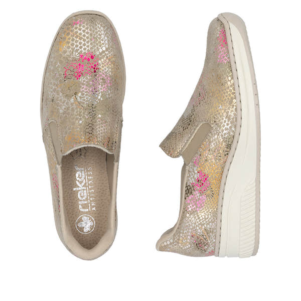 Rieker 48761-90 ladies multi-color slip-on shoes with metallic floral pattern and cushioned sole.