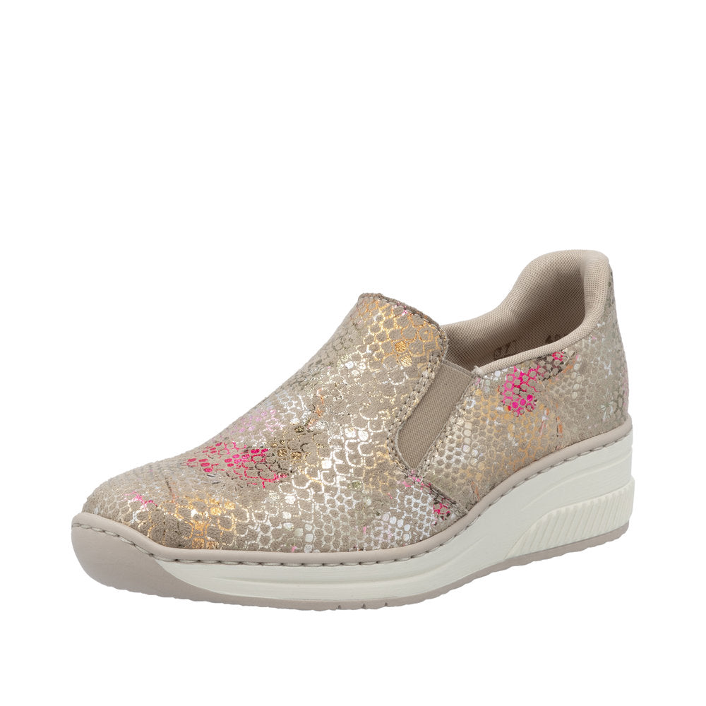 Rieker 48761-90 women's slip-on shoes with multi-colored metallic snake print design and white cushioned sole.