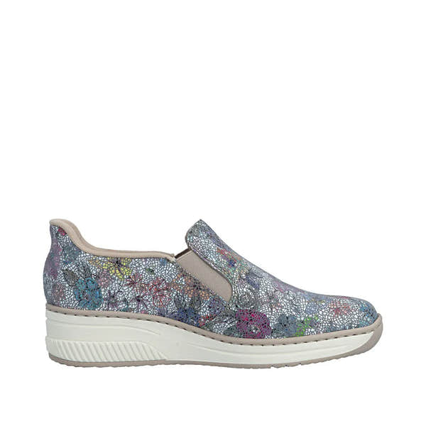Rieker 48761-91 ladies multi-colored leather slip-on shoes with elastic sides and a chunky white sole.