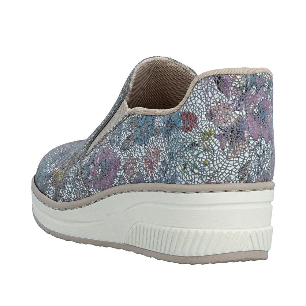 Rieker 48761-91 ladies multi-colored leather slip-on shoes with elasticated sides and chunky white sole.