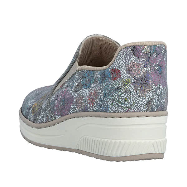 Rieker 48761-91 ladies multi-colored leather slip-on shoes with elasticated sides and chunky white sole.