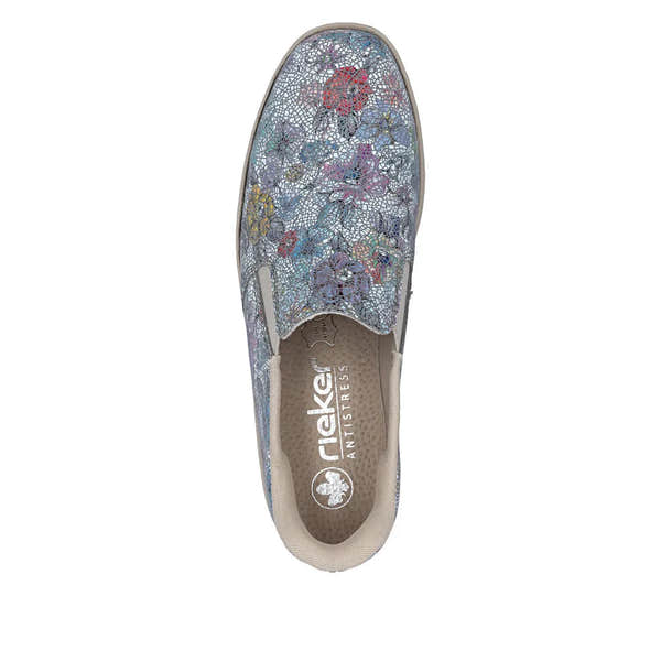 Rieker 48761-91 ladies multi-colored leather slip-on shoes with elastic sides and breathable Antistress insole.