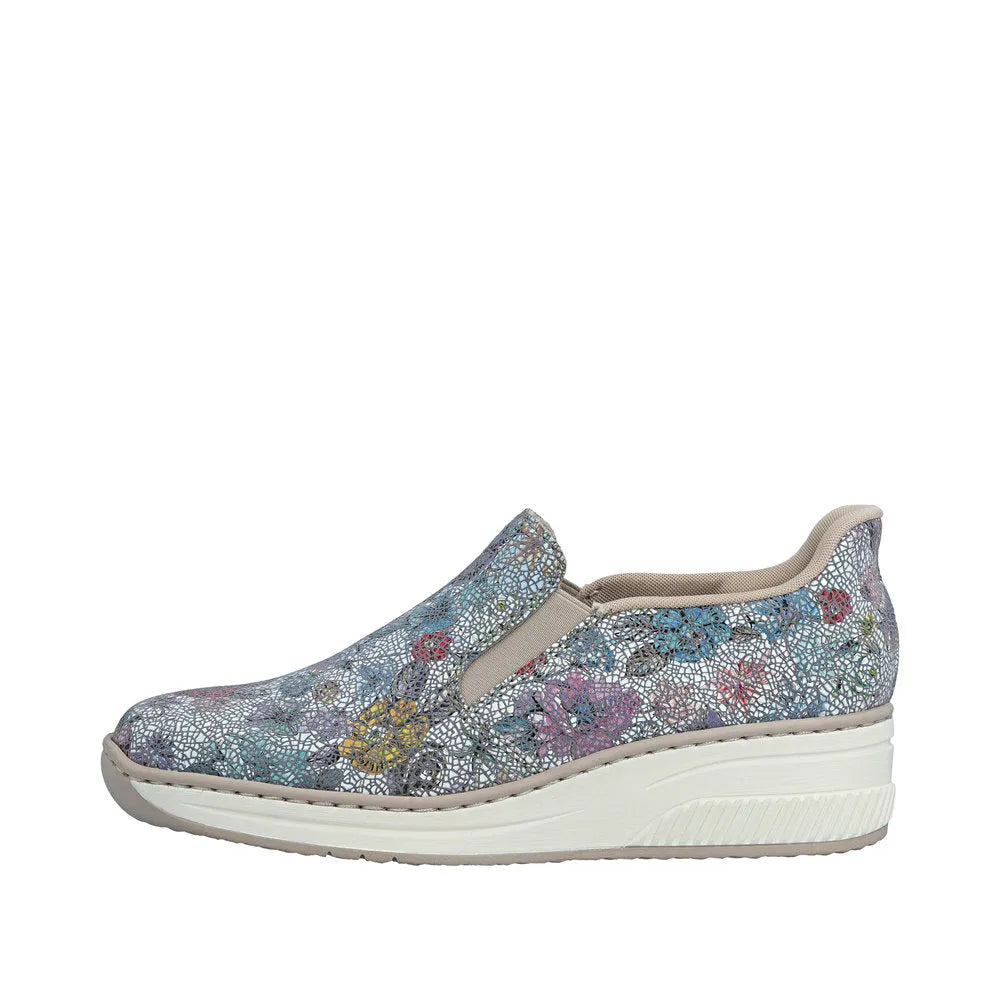 Rieker 48761-91 Ladies multi-colored leather slip-on shoes with elastic sides and chunky white sole.