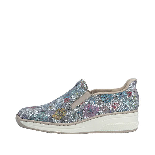 Rieker 48761-91 Ladies multi-colored leather slip-on shoes with elastic sides and chunky white sole.