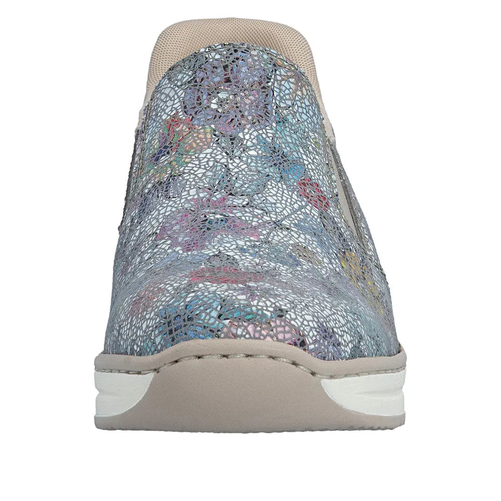 Rieker 48761-91 ladies multi-colored leather elasticated slip-on shoes with a textured pattern, beige heel and white sole.