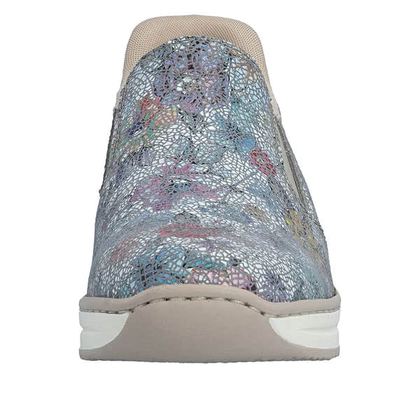 Rieker 48761-91 ladies multi-colored leather elasticated slip-on shoes with a textured pattern, beige heel and white sole.