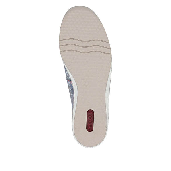 Rieker 48761-91 women's multisyllable leather elasticated shoe with beige sole, textured pattern, and red Rieker logo.