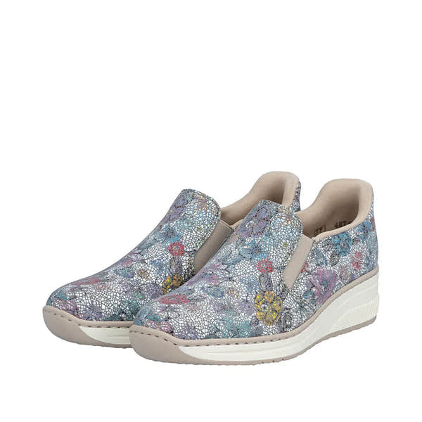 Rieker 48761-91 ladies multi-colored leather elasticated slip-on shoes with floral patterns and cushioned beige interiors.