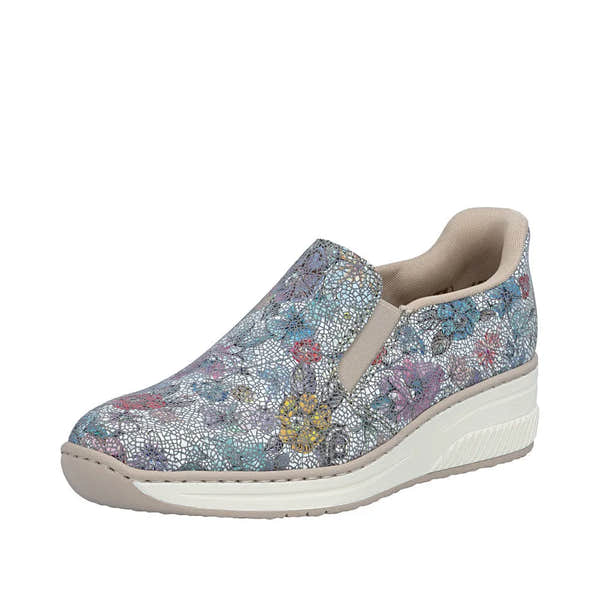 Rieker 48761-91 ladies multi-colored leather elasticated slip-on shoes with a white midsole and cushioned beige lining.