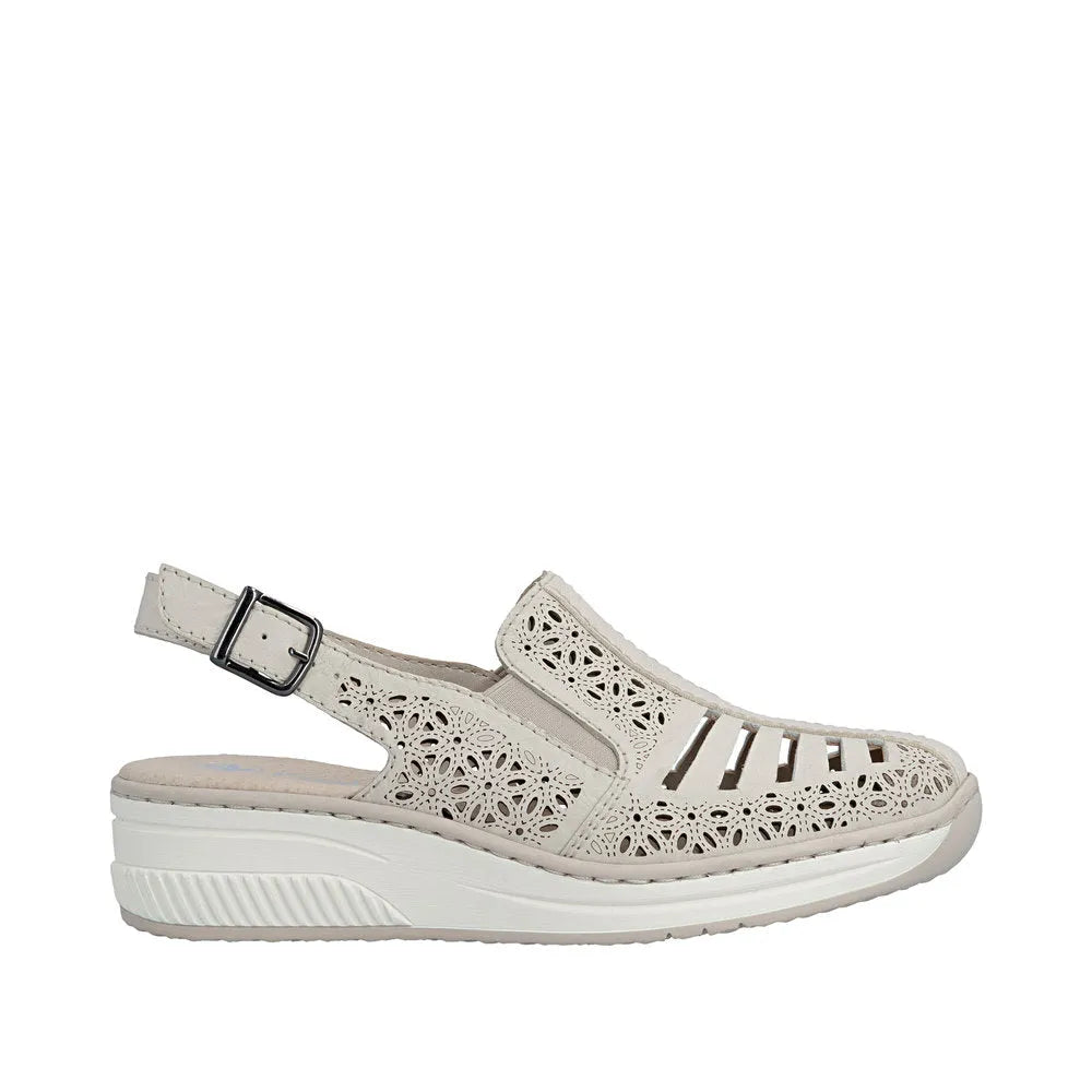 Rieker 48763-60 women's cream leather slingback sandals with cutout design, adjustable strap, and cushioned sole.