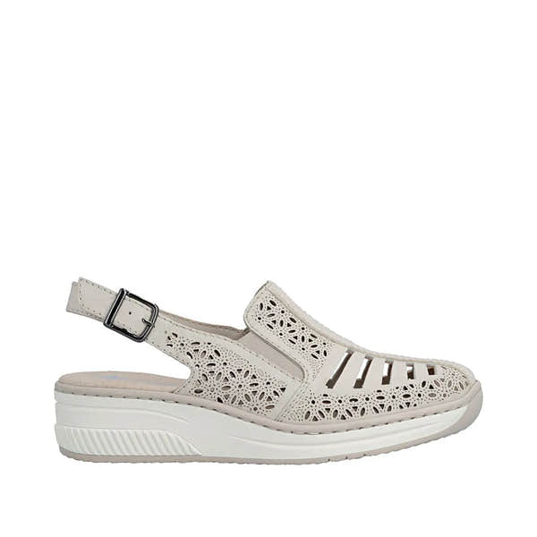 Rieker 48763-60 women's cream leather slingback sandals with cutout design, adjustable strap, and cushioned sole.