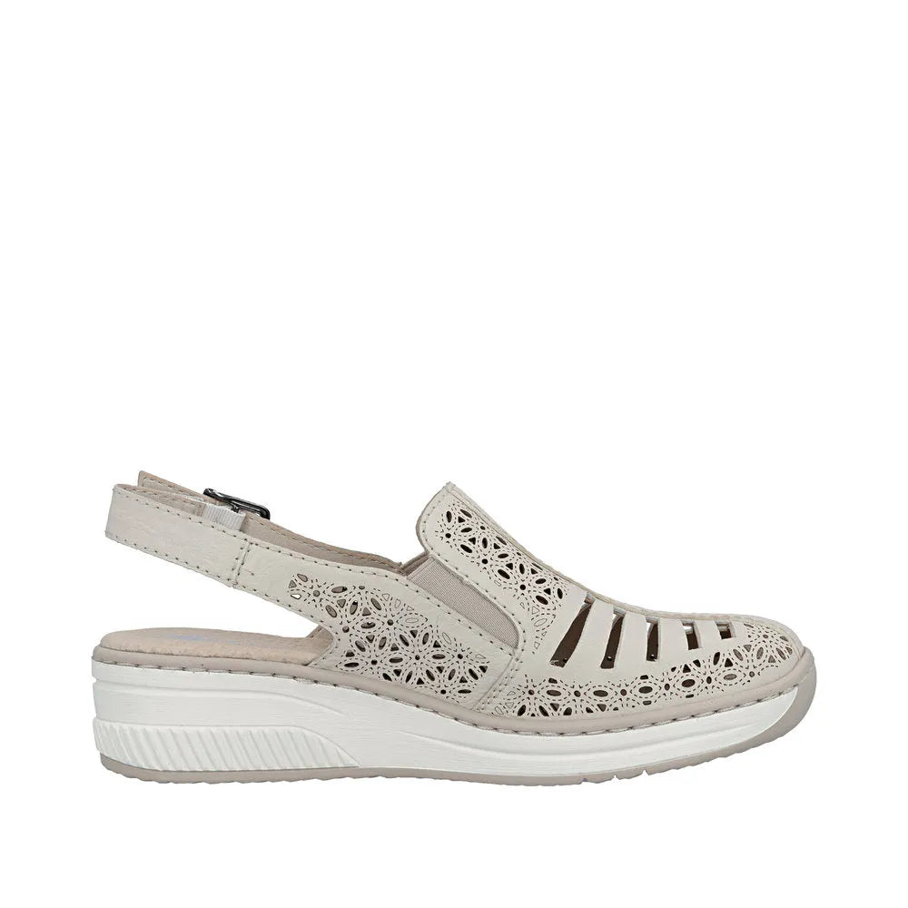 Rieker 48763-60 women's cream leather sling back sandals with cutout design and cushioned sole.
