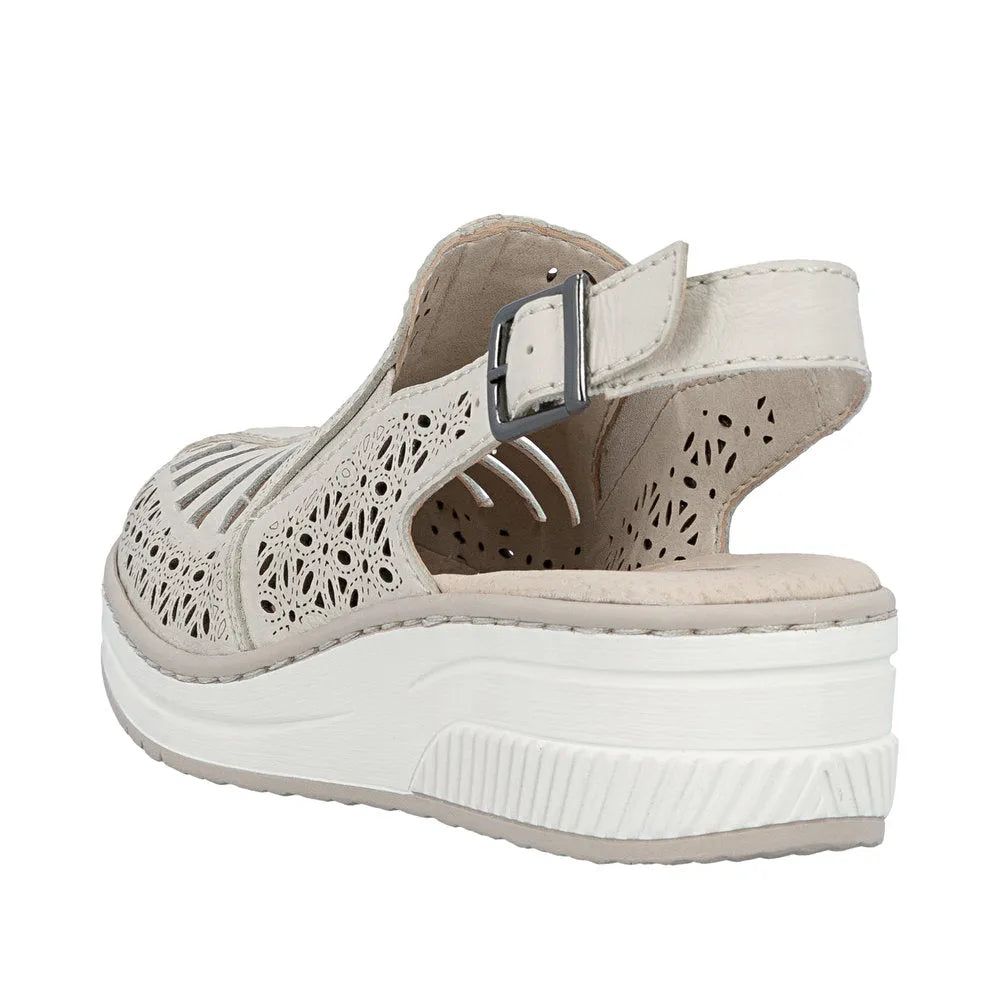 Rieker 48763-60 women's cream leather slingback sandals with perforated design and platform sole.
