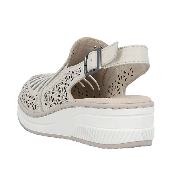 Rieker 48763-60 women's cream leather slingback sandals with perforated design and platform sole.
